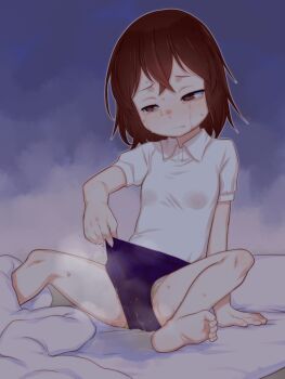 Rule 34 | 1girl, barefoot, blue buruma, breasts, brown eyes, brown hair, buruma, character request, closed mouth, collared shirt, commentary request, commission, copyright request, crying, crying with eyes open, highres, panties, parted lips, pee, peeing, peeing self, shirt, short sleeves, sitting, skeb commission, small breasts, soles, solo, spread legs, tears, teruki kuma, toes, underwear, white panties, white shirt