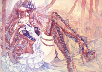 1girl baobhan_sith_(fate) baobhan_sith_(first_ascension)_(fate) black_panties boots breasts chikinan_tarou dress fate/grand_order fate_(series) frilled_dress frills long_hair lying medium_breasts on_back painting_(medium) panties platform_heels pointy_ears purple_eyes red_dress red_hair smile solo thigh_boots traditional_media underwear very_long_hair watercolor_(medium)