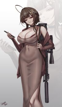 absurdres anti-materiel_rifle artist_name bare_shoulders bolt-action_rifle bolt_action breasts brown_hair bullpup caiman_pool cleavage cocktail_dress dress dsr-50 dsr-50_(girls'_frontline) evening_gown girls'_frontline girls'_frontline_2:_exilium gun hair_between_eyes highres knife_belt large_breasts loreley_(girls'_frontline_2) metal_bracelet rifle simple_background smile sniper_rifle suppressor tight_clothes weapon