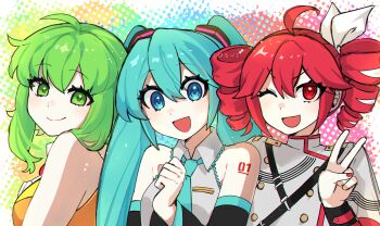 3girls ahoge arm_tattoo belt black_belt black_sleeves blue_eyes blue_hair blue_necktie blue_trim bow breasts buttons cio_(ciosui) closed_mouth collared_shirt detached_sleeves double-breasted double-parted_bangs drill_hair fingernails flat_chest grey_jacket grey_shirt gumi hair_between_eyes hair_bow hair_ribbon hatsune_miku highres jacket kasane_teto kasane_teto_(sv) long_hair multiple_girls nail_polish necktie number_tattoo one_eye_closed open_mouth orange_eyes orange_hair orange_shirt red_eyes red_hair red_nails red_tattoo red_trim ribbon shirt shoulder_belt shoulder_boards simple_background sleeve_cuffs sleeveless sleeveless_shirt small_breasts synthesizer_v tattoo three-quarter_sleeves twin_drills twintails upper_body utau v vocaloid white_background white_bow white_ribbon wing_collar