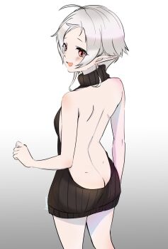 1girl ahoge alternate_costume ass back back_focus backless_dress backless_outfit bare_back bare_shoulders black_sweater blush butt_crack commentary_request dress elf from_behind gradient_background grey_background highres kasakasako looking_at_viewer looking_back median_furrow mushoku_tensei naked_sweater open_mouth pointy_ears red_eyes short_hair shoulder_blades sleeveless sleeveless_sweater sleeveless_turtleneck solo standing sweater sweater_dress sylphiette_(mushoku_tensei) turtleneck turtleneck_sweater virgin_killer_sweater white_hair