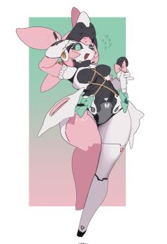 1girl animal_ears corrupted_twitter_file detached_sleeves full_body green_eyes gya_rb highres humanoid_robot microphone one_eye_closed open_mouth rabbit_ears robot robot_ears robot_girl salute single_thighhigh solo thick_thighs thighhighs thighs yutane_johiel zenless_zone_zero