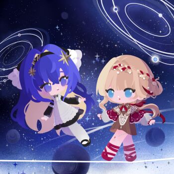 Rule 34 | 2girls, :o, apron, black dress, black hairband, black shoes, blonde hair, blue eyes, blue hair, braid, braided bangs, brown dress, chibi, cloak, colored inner hair, commentary, dress, english commentary, hair intakes, hair ornament, hairband, highres, kiperina, leg ribbon, long hair, low ponytail, multicolored hair, multiple girls, neckerchief, orbital path, pantyhose, planet, ponytail, red cloak, red neckerchief, red shoes, reverse:1999, ribbon, school uniform, shoes, smile, smolmeiji, soviet school uniform, space, star (sky), star (symbol), star hair ornament, starry sky background, voyager (reverse:1999), white apron, white pantyhose