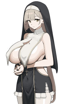 1girl absurdres blonde_hair breast_curtains breasts commentary_request cross gloves highres large_breasts long_hair nun nun_headdress original pelvic_curtain pwd simple_background sister_virodar solo standing veil very_long_hair yellow_eyes