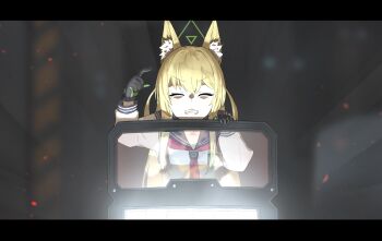 1girl ^_^ absurdres animal_ear_fluff animal_ears ballistic_shield black_gloves black_sailor_collar blinding_light blonde_hair blue_archive blurry blurry_background closed_eyes commentary facing_viewer fangs fox_ears fox_girl gloves green_gloves green_halo grin hair_between_eyes halo hands_up highres kurumi_(blue_archive) letterboxed long_hair long_sleeves neckerchief red_neckerchief sailor_collar school_uniform serafuku shield shirt sidelocks smile solo straight_hair sueoki_makura two-tone_gloves two_side_up underlighting upper_body v-shaped_eyebrows very_long_hair white_shirt