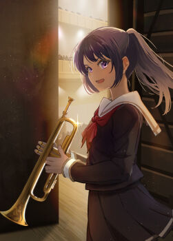 1girl :d black_hair black_shirt black_skirt brown_shirt brown_skirt commentary crowd from_side hibike!_euphonium highres holding holding_instrument indoors instrument kitauji_high_school_uniform kousaka_reina light_particles long_hair long_sleeves looking_at_viewer neckerchief open_mouth pleated_skirt ponytail purple_eyes red_neckerchief sailor_collar school_uniform serafuku shirt skirt smile solo sparkle stage standing theater trumpet white_sailor_collar yukiiro_b