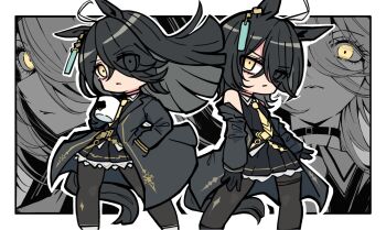 1girl ahoge alternate_hair_length alternate_hairstyle animal_ears bare_shoulders black_gloves black_hair black_jacket black_pantyhose black_shirt black_shoes black_skirt chibi closed_mouth collared_shirt commentary_request cup eyes_visible_through_hair gloves hair_over_one_eye highres horse_ears horse_girl horse_tail jacket kawamochi_(kawauti919) long_hair long_sleeves manhattan_cafe_(creeping_shadow)_(umamusume) manhattan_cafe_(umamusume) mug multicolored_hair multiple_views necktie off_shoulder open_clothes open_jacket outline pantyhose parted_lips pleated_skirt shirt shoes skirt sleeveless sleeveless_shirt standing tail two-tone_hair umamusume very_long_hair white_hair white_outline white_shoes yellow_eyes yellow_necktie