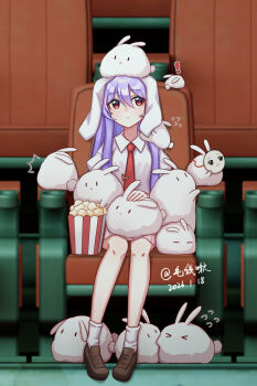 Rule 34 | !, 1girl, :<, ^^^, absurdres, animal, animal ears, animal on head, animal on lap, brown shoes, carrot pin, chinese commentary, closed mouth, collared shirt, commentary request, dated, flying sweatdrops, food, hair between eyes, highres, kiri (maoxianjiu), loafers, long hair, mask, movie theater, necktie, on head, on lap, pink skirt, pleated skirt, popcorn, purple hair, rabbit, rabbit ears, rabbit girl, red eyes, red necktie, reisen udongein inaba, shirt, shoes, sitting, skirt, socks, solo, touhou, white shirt, white socks