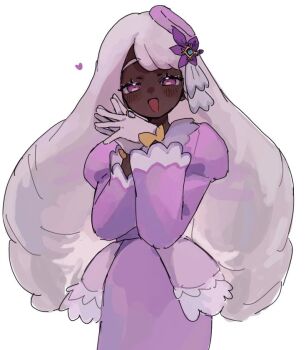 1girl blush bow cowboy_shot dark-skinned_female dark_skin dress fascinator glove_bow gloves hair_ornament hands_up heart jacinthe_(pokemon) juliet_sleeves long_hair long_sleeves looking_at_viewer low_drills nintendo open_mouth own_hands_together pokemon pokemon_legends:_z-a puffy_sleeves purple_dress purple_eyes purple_hair sakana_625 smile solo very_dark_skin white_gloves yellow_bow