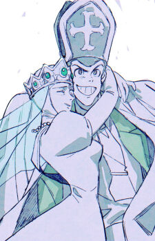 1boy 1girl arsene_lupin_iii bridal_veil bride castle_of_cagliostro clarisse_de_cagliostro closed_eyes crown dress grin hashi84e hat hug juliet_sleeves long_sleeves looking_ahead lupin_iii mitre monochrome necktie puffy_sleeves short_hair smile veil wedding_dress