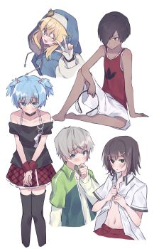 Rule 34 | 5boys, absurdres, ansatsu kyoushitsu, baka to test to shoukanjuu, barefoot, black hair, blue eyes, blue hair, blush, bridget (guilty gear), brown eyes, brown hair, crossdressing, crossdressing (mtf), dark-skinned male, dark skin, green eyes, grey hair, guilty gear, guilty gear strive, gym uniform, hair ornament, hair over one eye, highres, ikezawa kazuma, jacket, kinoshita hideyoshi, looking at viewer, male focus, multiple boys, open mouth, oshioganen, school uniform, shiota nagisa, shirt, short hair, short twintails, shorts, simple background, sitting, skirt, smile, summer wars, tan, tank top, tanline, thighhighs, totsuka saika, trap, twintails, yahari ore no seishun lovecome wa machigatteiru.