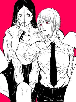 Rule 34 | 2girls, arthropod girl, black hair, black necktie, black pants, chainsaw man, collared shirt, greyscale with colored background, hand on another's chin, highres, insect girl, long hair, looking at another, makima (chainsaw man), medium hair, multiple girls, multiple legs, necktie, open mouth, pants, princi (chainsaw man), red background, red eyes, ringed eyes, shirt, shirt tucked in, simple background, spider girl, tsujii luki, white shirt