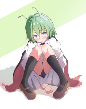 1girl antennae black_cape black_socks blue_eyes blue_shorts blush brown_shoes cape collared_shirt commentary curled_fingers diagonal-striped_background full_body green_background green_hair hands_on_ground head_tilt highres holding_own_wrist hugging_own_legs isgod kneehighs knees_to_chest knees_together_feet_apart long_sleeves looking_at_viewer looking_up mary_janes medium_hair open_mouth parted_lips pigeon-toed red_cape shadow shirt shoes short_shorts shorts simple_background sitting socks solo striped_background swept_bangs thighs touhou two-sided_cape two-sided_fabric two-tone_background upturned_eyes white_background white_shirt wide_sleeves wriggle_nightbug