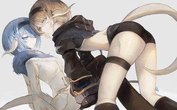 2girls absurdres au_ra black_gloves black_hairband black_jacket black_pants black_shorts cropped_jacket dragon_girl dragon_horns dragon_tail final_fantasy final_fantasy_xiv fur-trimmed_jacket fur_trim gloves hachi0047 hairband highres horns jacket looking_at_viewer multiple_girls pants scales short_hair shorts simple_background tail thigh_strap warrior_of_light_(ff14) white_background white_jacket