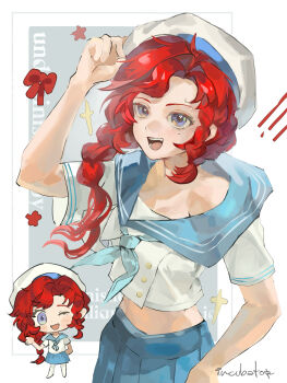 1girl :d ;d absurdres alternate_costume arm_up barcarola_(reverse:1999) beret blue_eyes blue_neckerchief blue_skirt border chibi chibi_inset grey_background hand_on_headwear hat highres long_braid midriff multiple_views neckerchief one_eye_closed open_mouth outside_border red_hair reverse:1999 sailor_collar sailor_shirt shirt short_sleeves skirt smile teeth upper_body white_border white_hat white_shirt wu_fuzuoyong