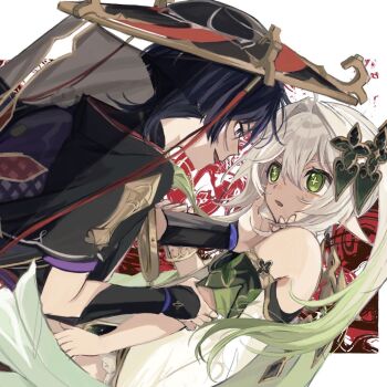 Rule 34 | 1boy, 1girl, arm at side, armlet, armor, bag, black hair, black hat, black kimono, black sleeves, bloomers, blunt ends, border, cape, colored tips, commentary request, cross-shaped pupils, detached sleeves, dress, dutch angle, eye contact, eyelashes, eyeliner, face-to-face, fingernails, genshin impact, gold, gold trim, grabbing another's arm, green cape, green hair, green pupils, green sleeves, grey veil, hair between eyes, hair intakes, hair ornament, hand on another's chin, hand up, hat, heart, heart hair ornament, highres, japanese armor, japanese clothes, jewelry, jingasa, kimono, kote, kurokote, layered sleeves, long hair, looking at another, makeup, multicolored hair, nahida (genshin impact), onigiri po 0205, open mouth, pointy ears, pom pom (clothes), purple bag, purple eyes, purple sleeves, red background, red eyeliner, red hat, red kimono, scaramouche (genshin impact), short dress, short sleeves, side ponytail, sidelocks, simple background, single bare shoulder, single sode, sweatdrop, symbol-shaped pupils, tareme, tsurime, two-sided fabric, underwear, veil, white background, white bloomers, white border, white dress, white hair