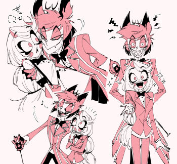 1boy 1girl alastor_(hazbin_hotel) behind_another cane charlie_morningstar cheek-to-cheek commentary_request evil_smile formal_clothes grabbing_another's_shoulder hazbin_hotel heads_together height_difference hellaverse holding holding_cane long_hair red_theme short_hair simple_background smile suit yoriko_(gheyori)
