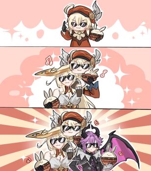 1boy 2girls alice_(genshin_impact) blonde_hair commentary dragon_boy dragon_horns dragon_wings dress english_commentary genshin_impact hat horns kivartx klee_(genshin_impact) mini_durin_(genshin_impact) mini_durin_(human)_(genshin_impact) mother_and_daughter multiple_girls pointy_ears purple_hair red_dress red_hat sunglasses wings