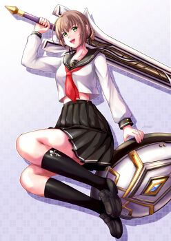 1girl antenna_hair black_shoes bob_cut braid braided_bun brown_hair double_bun duvalie eiyuu_densetsu full_body green_eyes grid_background hair_between_eyes hair_bun hajimari_no_kiseki highres holding holding_shield holding_sword holding_weapon huge_weapon loafers necktie red_necktie school_uniform sen_no_kiseki_(series) sen_no_kiseki_i serafuku shadow shield shoes signature skirt solo sword thighhighs weapon xiacheng_tatsuya