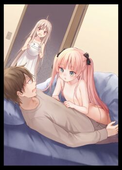 0.000000001%_derenai_shiroi_neko 1boy 2girls :o ahoge anger_vein ass bare_shoulders bed black_border black_bow blanket blonde_hair blunt_bangs blush border bow brown_hair clothed_male_nude_female collarbone dress dutch_angle eye_contact flat_chest fukahire_(ruinon) girl_on_top green_eyes hair_bow hair_censor hair_over_breasts highres holding indoors long_hair looking_at_another lying multiple_girls novel_illustration nude official_art on_back open_mouth pillow pink_hair red_eyes shared_blanket shionome_koneko short_hair sundress twintails under_covers white_dress