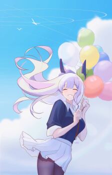 1girl balloon black_pantyhose blue_archive blue_hair blue_sky cardigan closed_eyes cloud commentary_request floating_hair floating_headgear halo headgear highres holding holding_balloon long_hair pantyhose shirt shirt_tucked_in skirt sky smile solo teeth utaha_(blue_archive) white_shirt white_skirt yukki83130530
