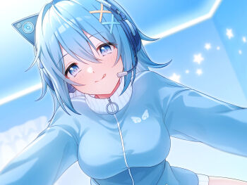 1girl :p animal_ear_headphones animal_ears blue_eyes blue_hair blue_jacket blue_theme blush ceiling closed_mouth fake_animal_ears gym_uniform hair_between_eyes hair_ornament headphones highres hio_(hiohio0306) indoors jacket long_hair long_sleeves looking_at_viewer original sidelocks smile solo tongue tongue_out turtleneck turtleneck_jacket x_hair_ornament
