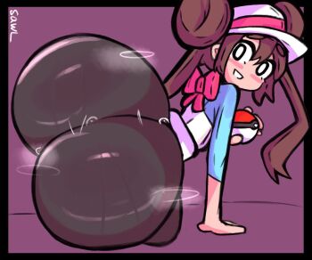 Rule 34 | 1girl, ass, black border, black eyes, black pantyhose, blue shirt, blush stickers, border, bow, bright pupils, brown hair, donut, food, hand on floor, holding, holding poke ball, huge ass, long hair, looking at viewer, lying, nintendo, pantyhose, poke ball, poke ball (basic), pokemon, pokemon bw2, purple background, red bow, rosa (pokemon), sawl, shirt, signature, smile, solo, steam, teeth, thick eyebrows, twintails, visor cap, white pupils