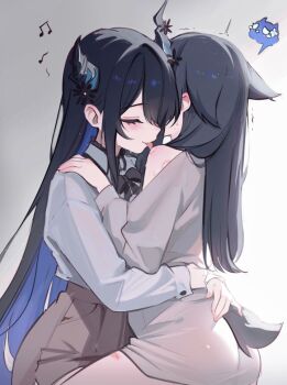 2girls asymmetrical_horns bite_mark black_hair blue_hair brown_shorts closed_eyes clothing_cutout collared_shirt colored_inner_hair commentary flower hair_flaps high-waist_shorts hololive hololive_english horn_flower horns hug jailbird_(nerissa_ravencroft) koahri licking long_hair long_sleeves multicolored_hair multiple_girls nerissa_ravencroft no_pants puffy_long_sleeves puffy_sleeves shirt shorts sidelocks simple_background single_off_shoulder straddling tail tail_through_clothes tongue tongue_out uneven_horns upright_straddle very_long_hair virtual_youtuber white_background white_shirt yuri