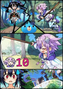 2girls absurdres aderyn ai-assisted attack black_boots black_dress black_hair boots breasts chibi choujigen_game_neptune collarbone competition creature defeat dogoo dress flat_chest forest grass hair_ornament hair_ribbon highres holding holding_sword holding_weapon hood hoodie long_hair medium_breasts multiple_girls nature neptune_(neptunia) neptune_(series) noire_(neptunia) purple_hair purple_shoes red_eyes ribbon running score shoes short_hair smug socks striped_clothes striped_socks sweatdrop sword torn_clothes tree twintails victory weapon white_hoodie wooden_sword