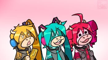Rule 34 | 3girls, ahoge, akita neru, animalization, aqua hair, blonde hair, cellphone, collared shirt, cow, detached sleeves, drill hair, flip phone, hatsune miku, highres, holding, kasane teto, kasane teto (utau), long hair, multiple girls, necktie, open mouth, oswelt ortiz, phone, pun, red hair, shirt, side ponytail, smile, spanish commentary, triple baka (group), triple baka (vocaloid), twin drills, twintails, utau, vocaloid