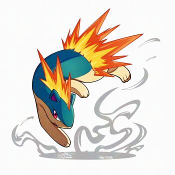 blue_fur fire full_body gen_2_pokemon mistray-art nintendo no_humans pokemon pokemon_(creature) quilava red_eyes signature simple_background solo two-tone_fur white_background yellow_fur