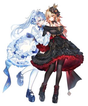2girls :d accurate_lolita_coord antenna_hair arm_hug back_bow bare_shoulders black_bow black_dress black_pantyhose black_shoes blonde_hair blue_bow blue_eyes blue_nails blue_shoes bow braid breasts chest_tattoo classic_lolita colored_tips commentary_request crown curtained_hair detached_collar dress frilled_dress frilled_hairband frills full_body gothic_lolita hair_between_eyes hairband highres honkai:_star_rail honkai_(series) juliet_sleeves large_breasts layered_dress lolita_fashion lolita_hairband long_hair long_sleeves looking_at_another mini_crown mixed-language_commentary multicolored_hair multiple_girls mydei_(honkai:_star_rail) off-shoulder_dress off_shoulder open_mouth pantyhose parted_bangs phainon_(honkai:_star_rail) pnemo_18 ponytail puffy_sleeves puritan_collar red_hair red_tattoo shoes side_braid sleeves_past_wrists smile standing standing_on_one_leg tattoo white_bow white_dress white_hair white_pantyhose yellow_eyes yuri