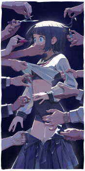 1girl absurdres black_hair blue_eyes burning cutting_hair flat_chest highres holding holding_lighter holding_screwdriver huge_filesize imminent_gangbang imminent_rape jewelry kenharu lighter long_sleeves neckerchief original parody pulling_another&#039;s_clothes restrained ring sailor_collar satire scared school_uniform scissors screwdriver serafuku shirt short_hair skirt solo_focus torn_clothes undressing_another wedding_ring white_shirt zippo_lighter