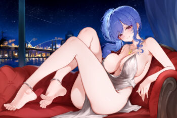 1girl absurdres anklet arm_support azur_lane backless_dress backless_outfit bare_legs bare_shoulders barefoot blue_hair blush breasts bridge building chinese_commentary city city_lights cityscape cleavage commentary_request couch cowl_neck curtains dress earrings evening_gown feet fingernails glitter_dress grin hair_ornament halter_dress halterneck highres jewelry large_breasts legs long_fingernails long_hair looking_at_viewer lying necklace negi_kome night official_alternate_costume open_mouth plunging_neckline purple_eyes reflection revealing_clothes shooting_star side_ponytail sidelocks silver_anklet silver_dress sky smile soles solo sparkle st._louis_(azur_lane) st._louis_(luxurious_wheels)_(azur_lane) star_(sky) starry_sky thighs toes tree water window