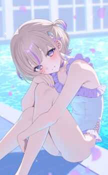 1girl absurdres alternate_costume blonde_hair blunt_bangs blush breasts casual_one-piece_swimsuit choker commentary cross-laced_slit falling_petals frilled_one-piece_swimsuit frills grin hair_ornament hairclip hand_on_own_knee highres hololive hololive_dev_is knees_up looking_at_viewer mui_maru multicolored_hair nail_polish one-piece_swimsuit petals poolside purple_choker purple_eyes purple_hair purple_nails short_hair sitting small_breasts smile solo streaked_hair swimsuit todoroki_hajime two_side_up virtual_youtuber white_one-piece_swimsuit