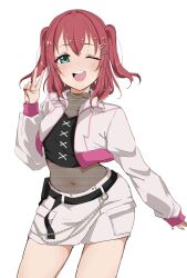 Rule 34 | 1girl, belt, black belt, black shirt, blush, commentary request, contrapposto, crop top, cropped jacket, green eyes, hair between eyes, hair ornament, hairclip, highres, jacket, kurosawa ruby, long sleeves, looking at viewer, love live!, love live! sunshine!!, navel, nigauri, one eye closed, open clothes, open jacket, open mouth, red hair, shirt, short hair, shorts, solo, standing, teeth, two side up, upper body, upper teeth only, v, waai waiwai waiwaiwai! (love live!), white background, white jacket, white shorts