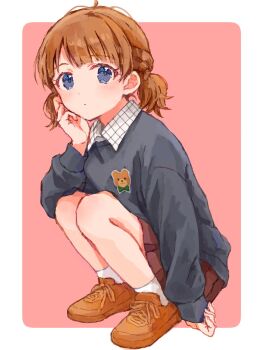 1girl 3kio2giri arm_at_side blue_eyes blue_sweater blush border brown_hair brown_shoes brown_skirt closed_mouth collared_shirt commentary dot_nose full_body hand_on_own_cheek hand_on_own_face hand_up highres idolmaster idolmaster_million_live! long_sleeves looking_at_viewer medium_hair outside_border pink_background shirt shoes short_twintails simple_background skirt socks solo squatting suou_momoko sweater twintails white_border white_socks