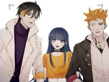 1girl 2boys black_choker black_hair black_jacket blonde_hair blue_eyes boruto:_two_blue_vortex brother_and_sister choker coat commentary crop_top cropped_shirt earrings english_commentary eyebrow_piercing face_piercing facial_mark highres ifevilwhyuhot jacket jewelry kawaki_(boruto) midriff multicolored_hair multiple_boys naruto_(series) necklace one_eye_closed piercing scar scar_across_eye scar_on_face siblings stud_earrings turtleneck two-tone_hair uzumaki_boruto uzumaki_himawari viewfinder whisker_markings white_coat