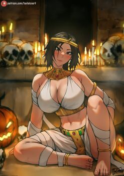 1girl abs ancient_egyptian anklet armlet bandages barefoot batako_(batakoart) black_hair blush breasts brown_eyes candle candlelight cleavage clothing_request gold gold_anklet gold_armlet halloween head_tilt highres huge_breasts jack-o'-lantern jewelry knee_up lara_croft large_breasts lips looking_at_viewer mature_female mummy_costume muscular parted_bangs pink_lips shiny_skin sitting skull smile solo toes tomb_raider tomb_raider_(reboot) toned
