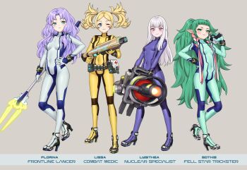 4girls blonde_hair blue_bodysuit bodysuit commission fire_emblem fire_emblem:_the_blazing_blade fire_emblem:_three_houses fire_emblem_awakening florina_(fire_emblem) green_hair high_heels highres lissa_(fire_emblem) lysithea_von_ordelia multiple_girls nintendo purple_hair redkite333 second-party_source skin_tight sothis_(fire_emblem) white_hair zero_suit