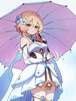 1girl bare_shoulders black_gloves blonde_hair blush breasts chikuzen1996 cleavage commentary_request dress flower genshin_impact gloves hair_between_eyes hair_flower hair_ornament highres holding holding_umbrella looking_at_viewer lumine_(genshin_impact) medium_breasts parted_lips partially_fingerless_gloves rain short_hair_with_long_locks sleeveless sleeveless_dress solo thighhighs umbrella white_dress white_flower white_thighhighs yellow_eyes