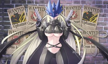 1girl alphamon beelstarmon breasts digimon highres long_hair mask poster revealing_clothes solo underboob wanted_poster