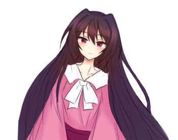 Rule 34 | 1girl, blush, bow, bowtie, closed mouth, collarbone, commentary request, ekbeui, hair between eyes, houraisan kaguya, korean commentary, looking at viewer, partial commentary, pink shirt, red skirt, shirt, simple background, skirt, solo, touhou, white background, white bow, white bowtie