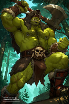 1boy abs animal_hood armpit_hair armpits axe bara bare_pectorals bear_hood biceps blindfold bulge colored_skin fantasy forest green_skin hairy holding holding_axe hood large_pectorals male_focus marcus_(rnarccus) monster_boy muscular muscular_male nature navel navel_hair nipple_piercing nipple_rings nipples orc original paid_reward_available pectorals pelvic_curtain piercing solo sparse_stubble standing stomach tribal tusks very_hairy