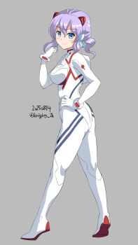 Rule 34 | 1girl, alternate breast size (larger), ass, blue eyes, bodysuit, breasts, cosplay, highres, interface headset (evangelion), kantai collection, kishi nisen, langley (kancolle), mecha pilot suit, medium breasts, medium hair, name connection, neon genesis evangelion, plugsuit (evangelion), purple hair, smile, solo, souryuu asuka langley, souryuu asuka langley (cosplay), white bodysuit