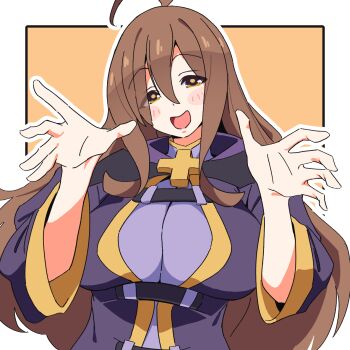 1girl ahoge blush_stickers border breasts brown_eyes brown_hair commentary_request dress hair_between_eyes highres kono_subarashii_sekai_ni_shukufuku_wo! large_breasts long_hair long_sleeves looking_at_viewer noyama_takenoko open_mouth orange_background outline purple_dress sidelocks smile solo upper_body white_border white_outline wiz_(konosuba)
