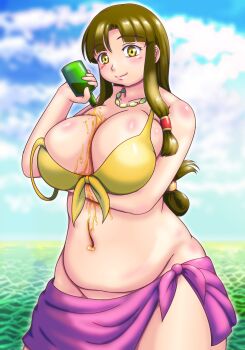 1girl arm_under_breasts artist_name beach bikini bikini_top_pull breasts cleavage front-tie_bikini_top front-tie_top highres jewelry large_breasts legs lips long_hair looking_at_viewer lotion navel necklace ocean pouring pouring_onto_self saaya_(suisei_no_gargantia) sarong sexually_suggestive solo source_request suisei_no_gargantia sunscreen swimsuit teasing thighs unworn_bikini_bottom water yellow_bikini yellow_eyes