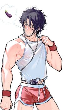 1boy bara beard_stubble black_hair bulge clive_rosfield closed_mouth commentary cowboy_shot earphones eggplant_emoji english_commentary facial_hair facial_tattoo final_fantasy final_fantasy_xvi image_in_thought_bubble looking_back male_focus medium_hair mori_doremi muscular muscular_male navel_hair_peek nipples pectorals red_shorts see-through_clothes short_shorts shorts sidepec solo stubble sweat tank_top tattoo white_tank_top