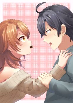 Rule 34 | 1boy, 1girl, absurdres, ahoge, alternate costume, atelier z44, bare shoulders, black hair, brown eyes, brown hair, brown sweater, chocolate, commentary request, face-to-face, food in mouth, from side, grey sweater, hand on another&#039;s shoulder, hetero, highres, hikigaya hachiman, holding another&#039;s wrist, isshiki iroha, looking at another, medium hair, mouth hold, off-shoulder sweater, off shoulder, open mouth, plaid background, profile, sanpaku, sweat, sweater, upper body, yahari ore no seishun lovecome wa machigatteiru.