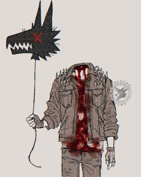 1other animal animal_head artist_self-insert balloon blood blood_on_clothes blood_splatter character_balloon coat commentary cowboy english_commentary exposed_bone facing_viewer fingerless_gloves gloves grey_coat grey_gloves headless highres holding holding_balloon original severed_head shoulder_spikes skeleton_print solo spikes standing vacation_town watermark western x_x